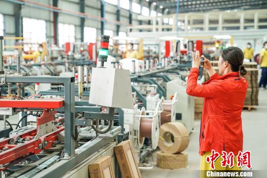 海外华文媒体记者拍摄瓷砖生产线。　陈冠言 摄
